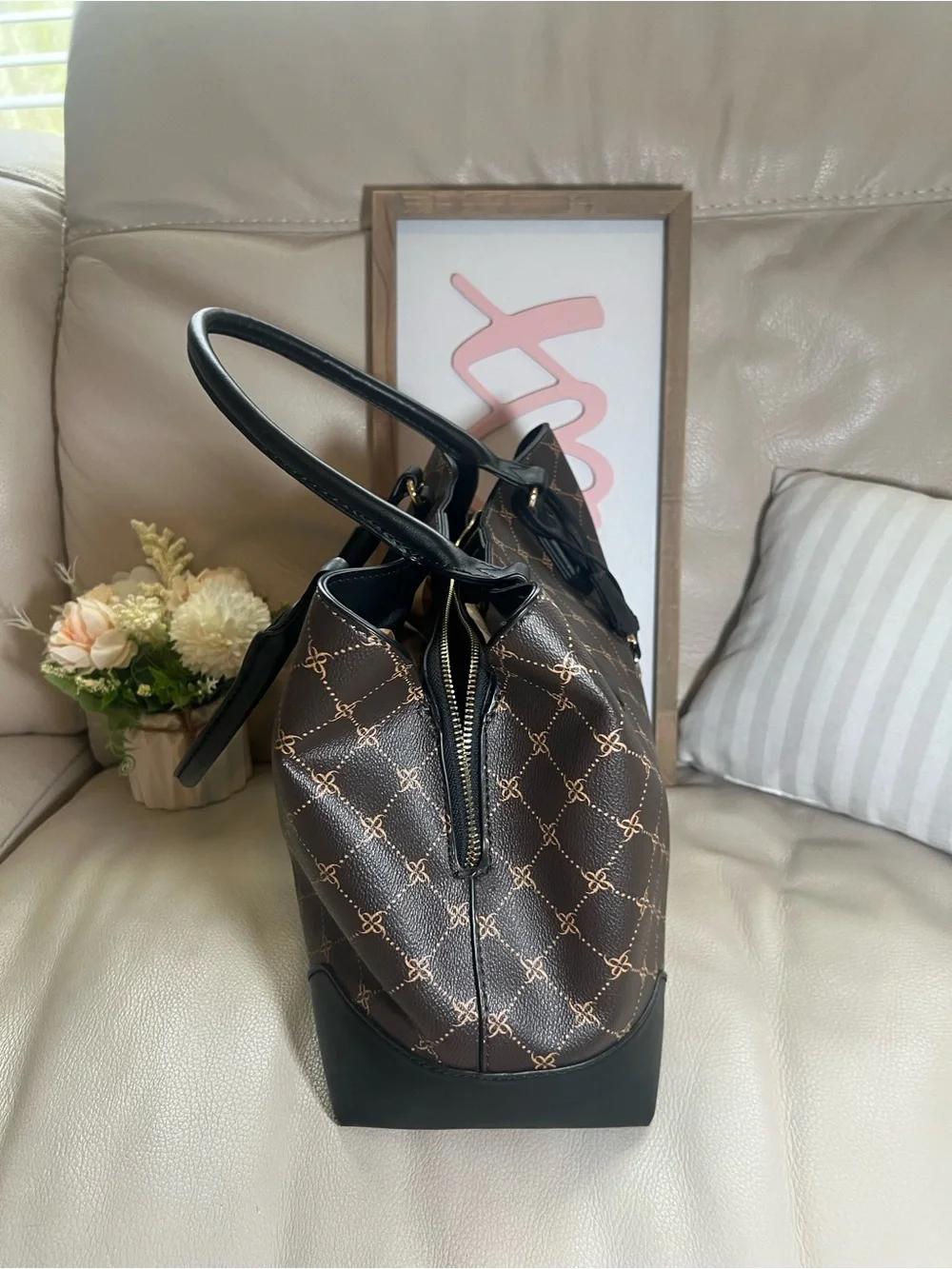 Nine West Brown Patterned Satchel with Black Trim and Gold Hardware